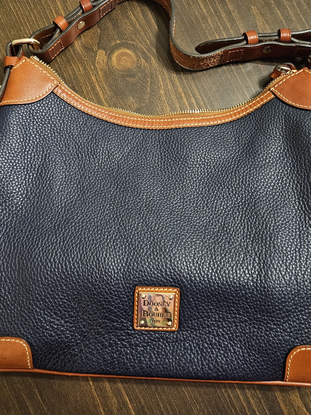 Dooney & Bourke Navy Pebble Leather Messenger with Brown Trim